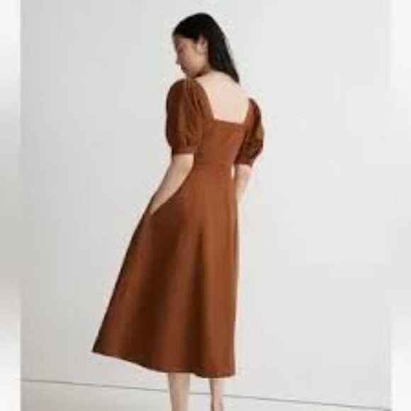 NWT! Madewell S6 Seamed Puff-Sleeve Midi Dress in Warm Coffee - Picture 2 of 7